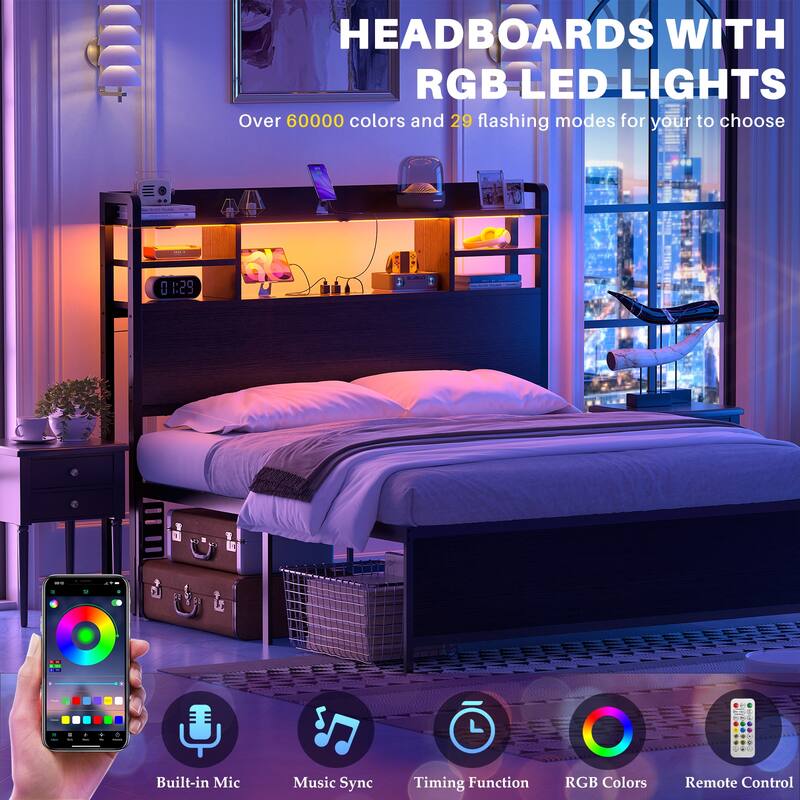 Storage Headboard with USB Port and Power Outlet, Head Board with LED Light for Bed Frame