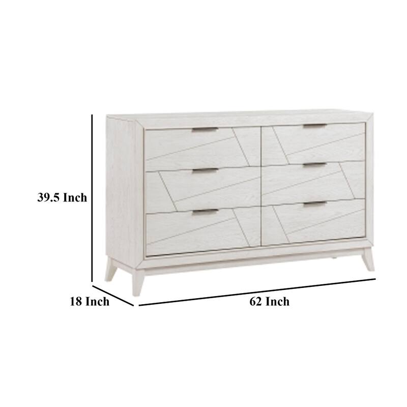Zine 62 Inch Dresser, 6 Drawers, Antique White Wood, Black Handles