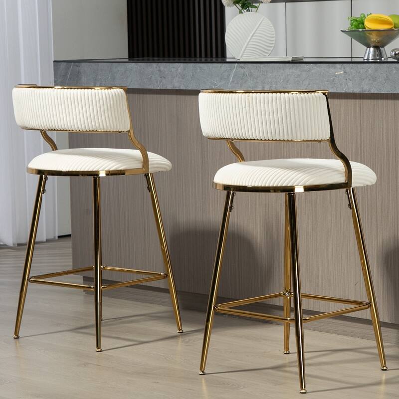 (SET of 2) 26'' Counter height bar stools Corduroy kitchen island counter bar stool with back,golden chromed base and footrest