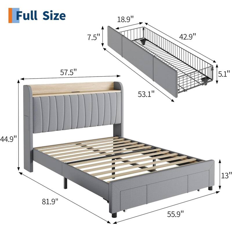 Upholstered Platform Beds with Drawers, Storage Headboard, Charging Station, Grey