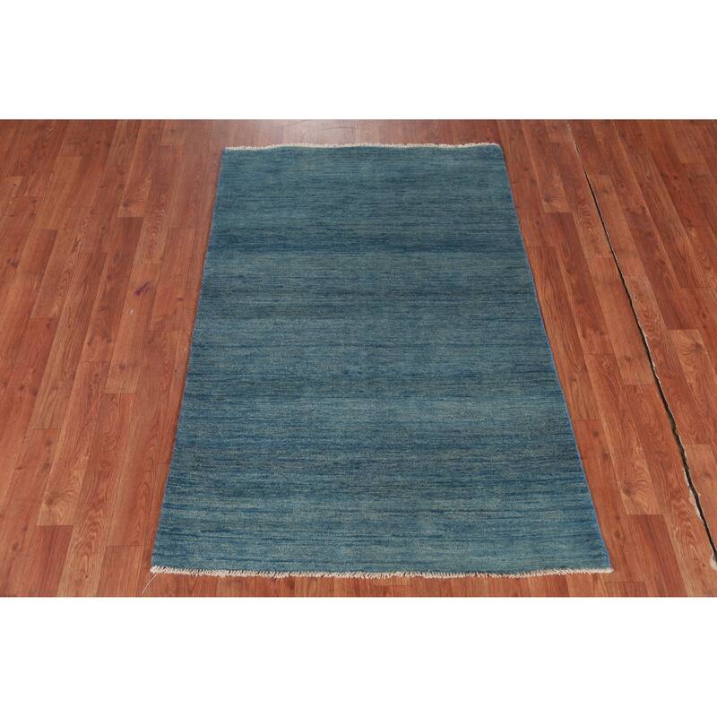 Striped Blue Modern Gabbeh Oriental Rug Hand-Knotted Wool Carpet - 3'2" x 4'9"