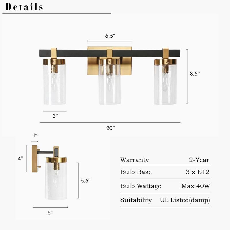 Modern Elegant 2/3-Light Black Gold Bathroom Vanity Light Dimmable Glass Wall Sconces