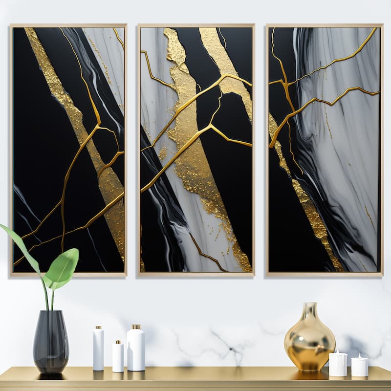 Designart "Abstract Geode Black II" Abstract Marble Framed Canvas Art Print - 3 Panels - 48 in. wide x 32 in. high - 3 Panels - Natural