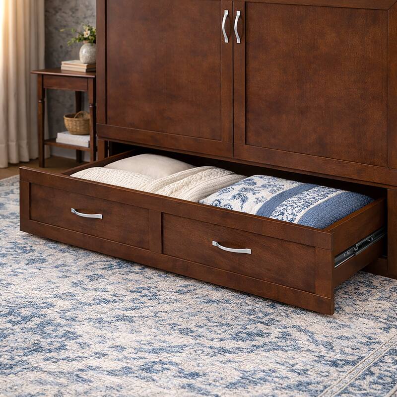 Hamilton Queen Murphy Bed Chest with 6" Mattress, Storage Drawer & Built-In Charger in Walnut