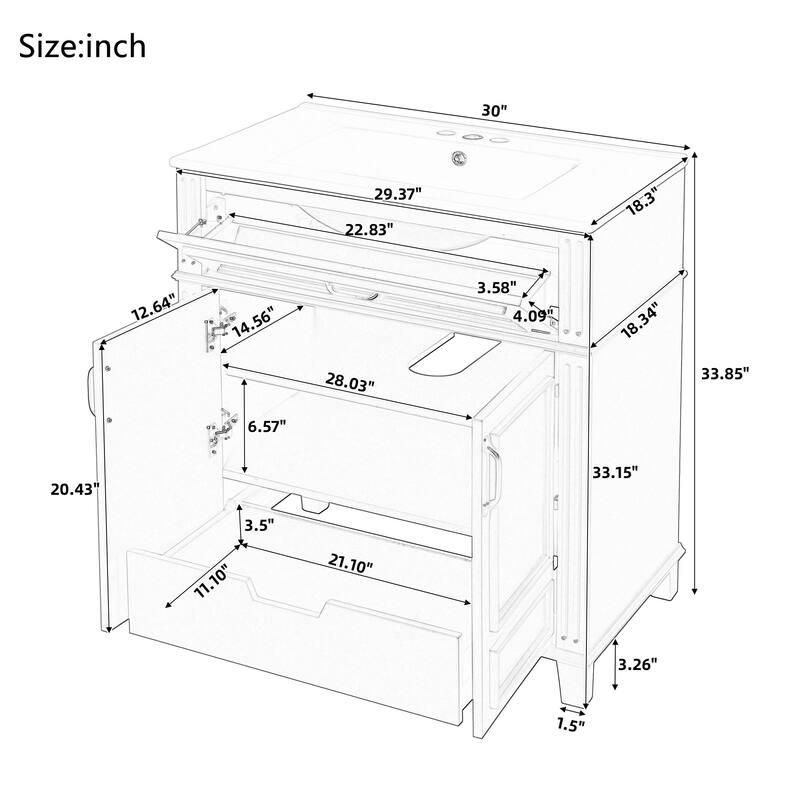 Bathroom Vanity with Ceramic Sink, Solid Wood Bathroom Sink Vanity, Storage Cabinet with Pull-Out Drawer & Tip-Out Drawer