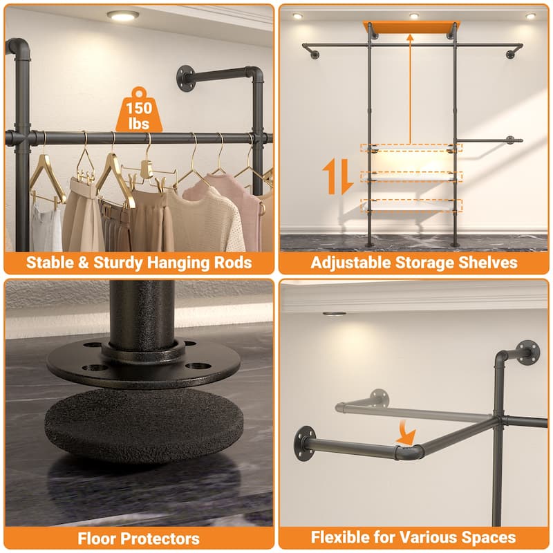 87"W Industrial Pipe Clothing Racks with LED Lights & Open Shelves,Reversible Walk-in Closet Oraganizer System Garment Racks
