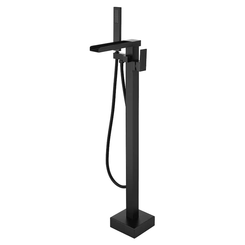Single Handle Waterfall Tub Filler Freestanding Bathtub Faucet with Hand Shower in Black