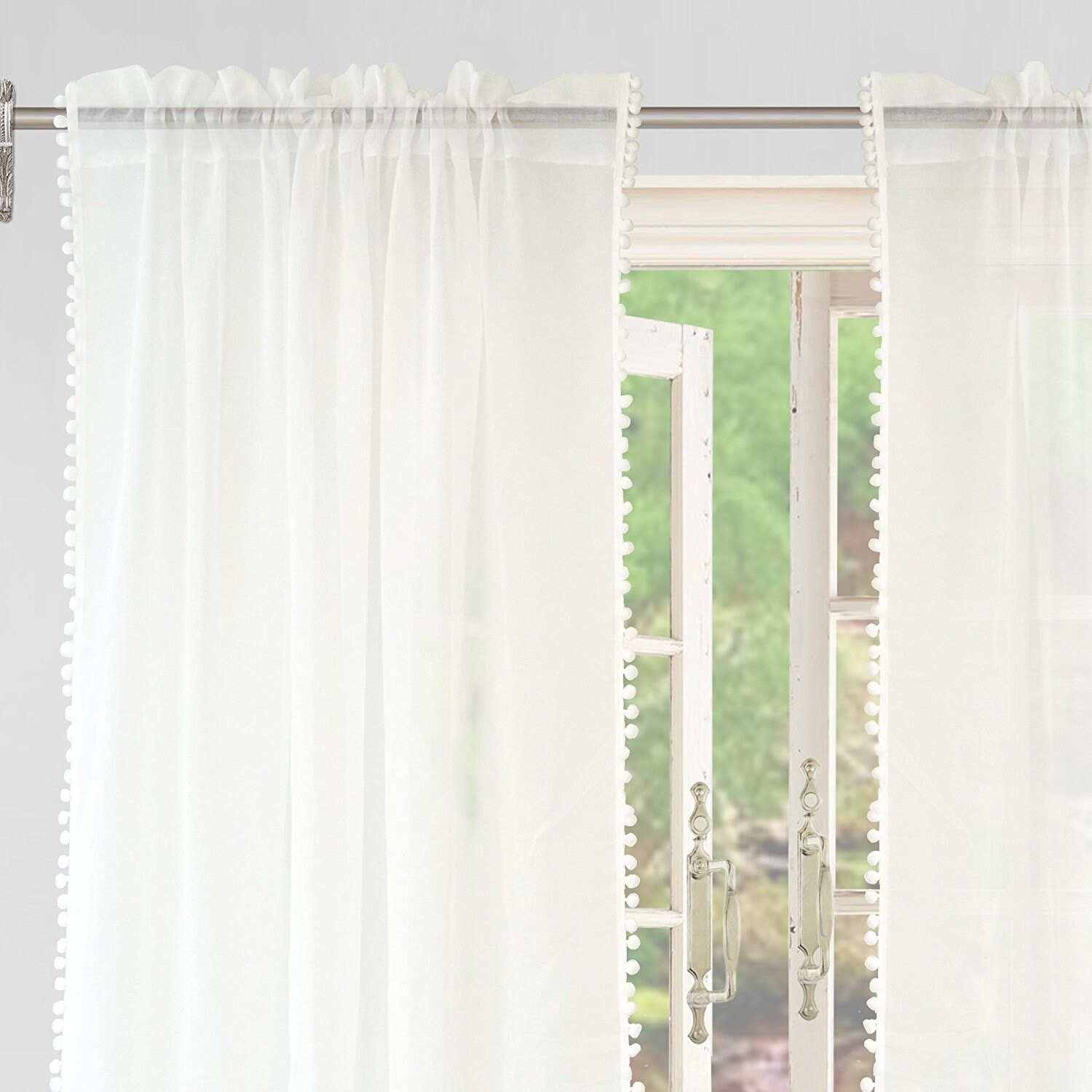 DriftAway Laura Pom Pom Trimmed White Voile Sheer Window Curtains Set of 2 Panel 