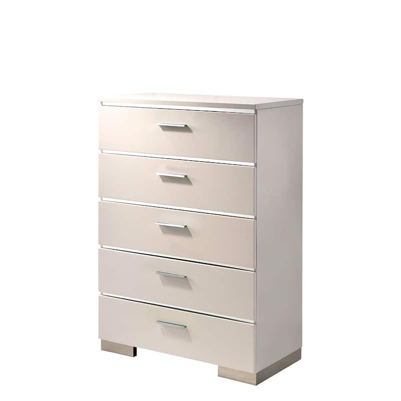 Wood and Metal Chest with 5 Drawers and Block Legs, White and Silver