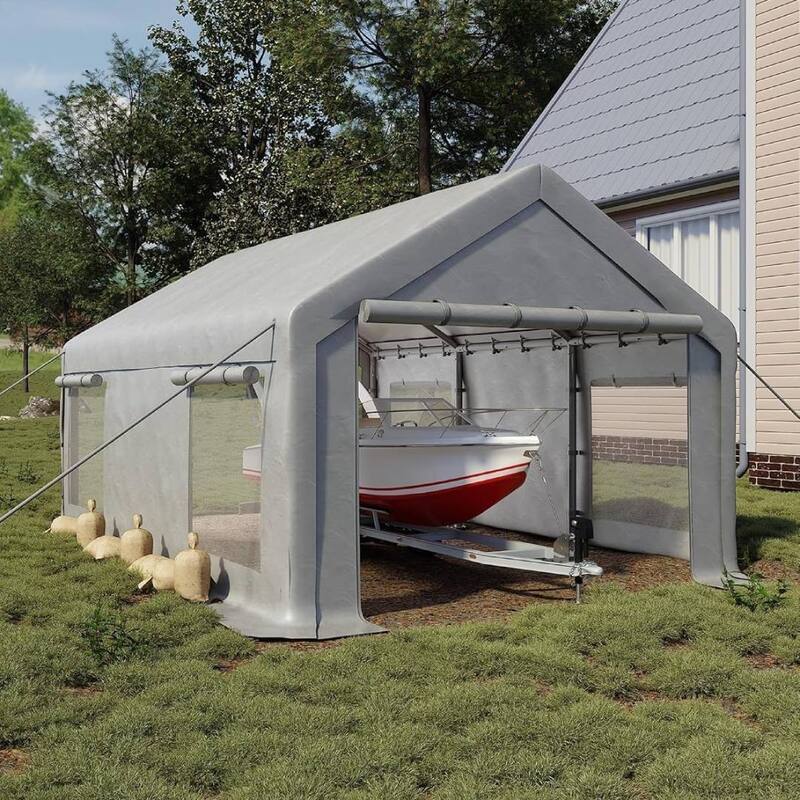 12x20 Ft Carport with Roll-Up Doors and 4 Windows for Bass Boats, Tractors, and SUVs - 12X20 Ft - White