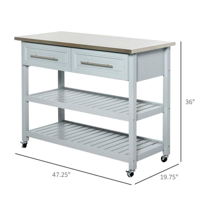 Kitchen Island with Stainless Steel Top, Traditional Kitchen Island with Storage, 2-Tier Open Shelves, Drawers