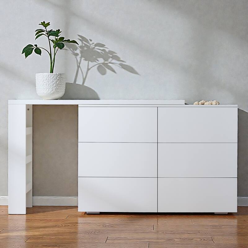 White Minimalist Desk with Removable Desktop, 6 Drawers and 3 Storage Compartments for Home Office