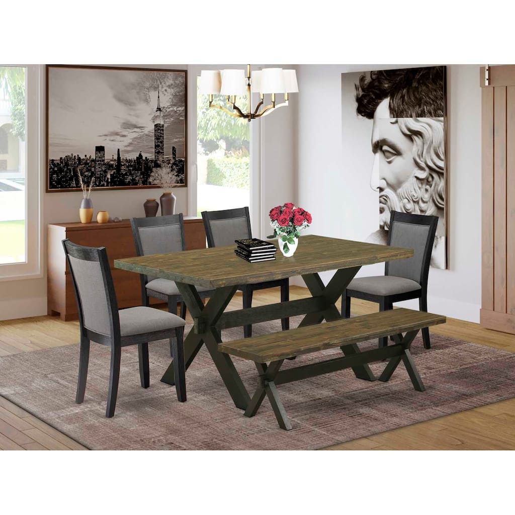 HomeStock 6-Piece Rectangle Distressed Jacobean Finish Solid Wood Top Dining Table with 1-Bench, 4-Chairs
