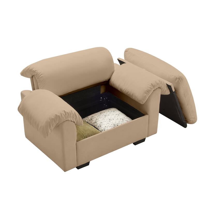 Velvet Deep Seat Storage Sofa Chair with Fluffy Armrest Pillows & Backrest