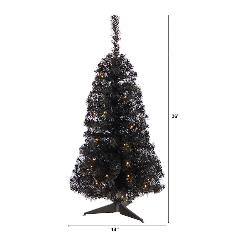 3ft. Black Artificial Christmas Tree with 50 LED Lights & 118 Branches - Modern Festive Holiday X-Mas Accent