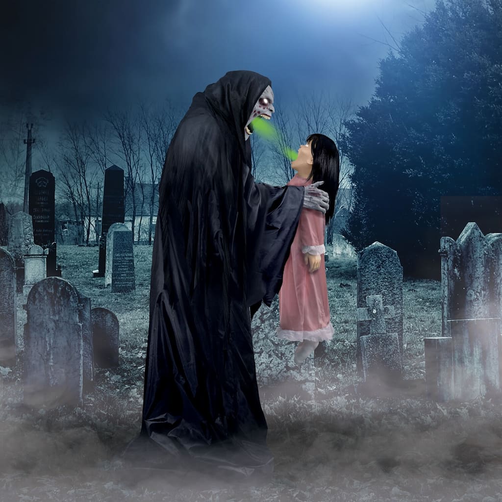 Haunted Hill Farm Soul Sucker Demon Reaper by Tekky, Premium Talking Halloween Animatronic, Plug-In or Battery