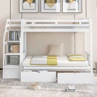 White Twin over Full Bunk Bed with Two Drawers and Staircase - Bed Bath ...