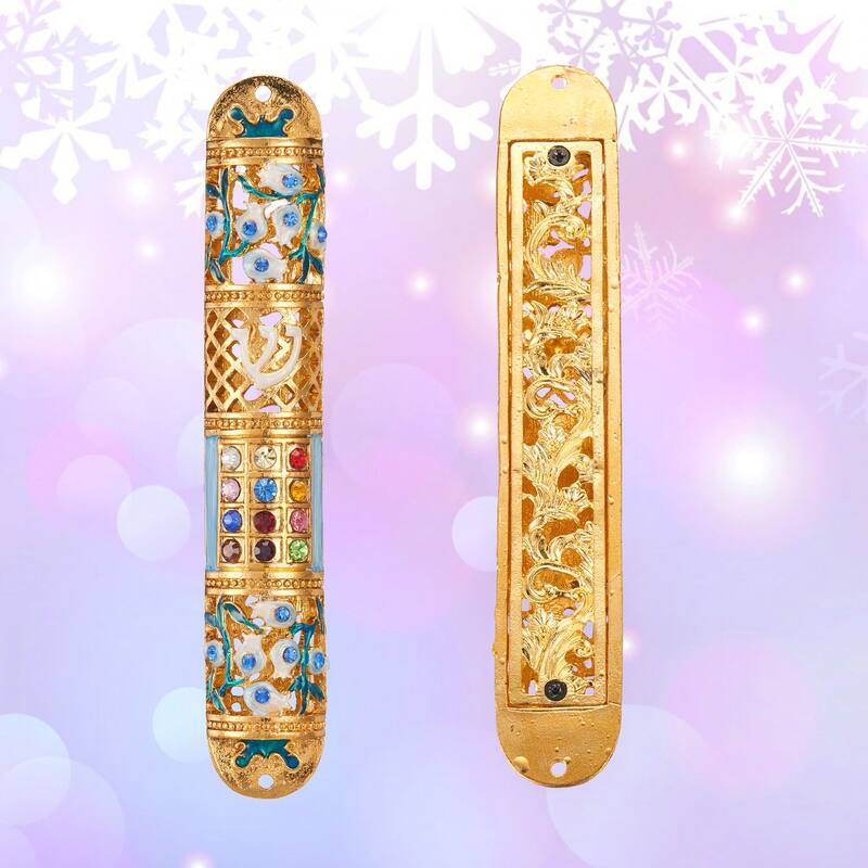 Matashi Hand Painted 6" Enamel Mezuzah Embellished with Multi Colored Crystals with Gold Accents and High Quality Crystals