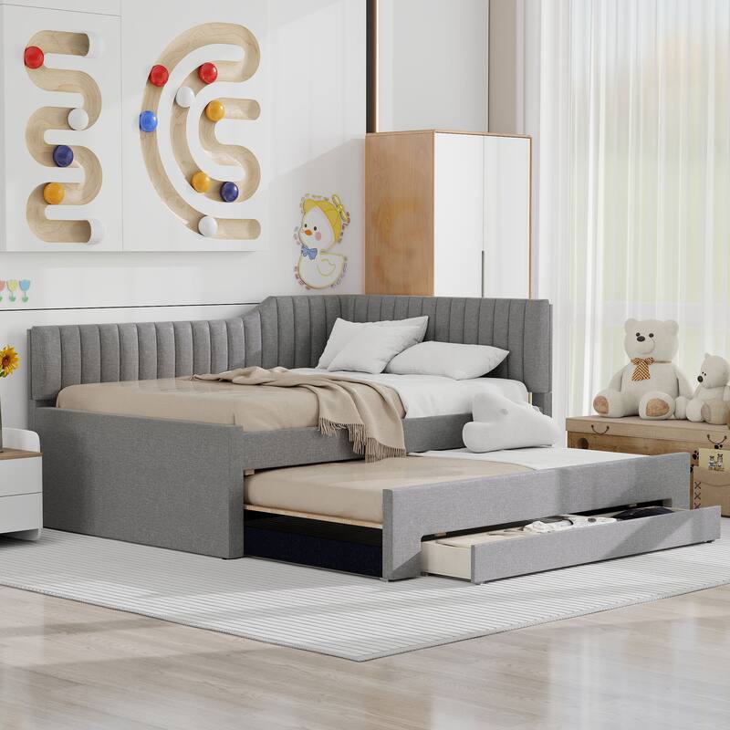 Living Room Upholstered Daybed, Solid Wood Platform Sofa Bedframe with Pull Out Trundle and 3 Drawers, Wood Slats Support