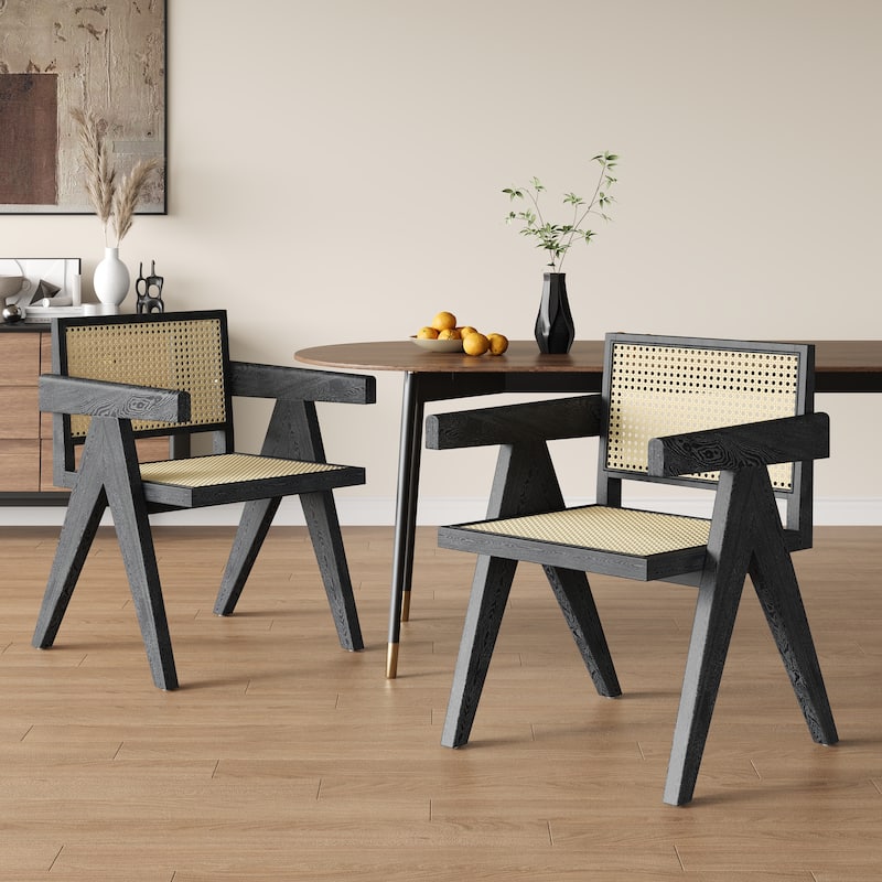 2-Piece Dining Room Arm Chairs Set with Square Rattan Backrest - Black Natural