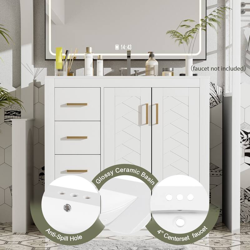 GDFStudio - Montclair Modern Freestanding Bathroom Vanity with Ceramic Sink and 3 Storage Drawers & Soft Closing Doors - 36'W