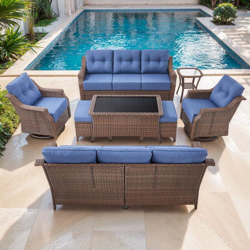Artisan 8-Piece Patio Brown Wicker Sofa Conversation Set with 6-Inch Thick Cushions - Navy Blue - Brown Wicker
