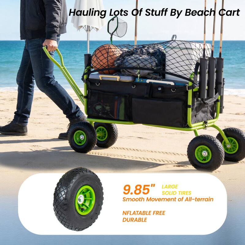 Beach Cart Collapsible Wagon 9.85"All-Terrain Wheels,Heavy Duty Garden Cart with Rod Holders,Umbrella Holder and Storage Pockets