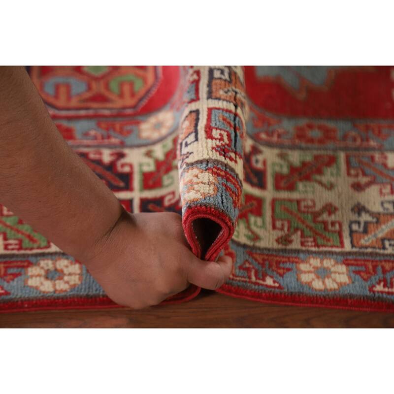Hand Knotted Oriental 100% Wool Carpet Traditional Geometric Red Kazak Area Rug - 9' 7'' X 6' 4''