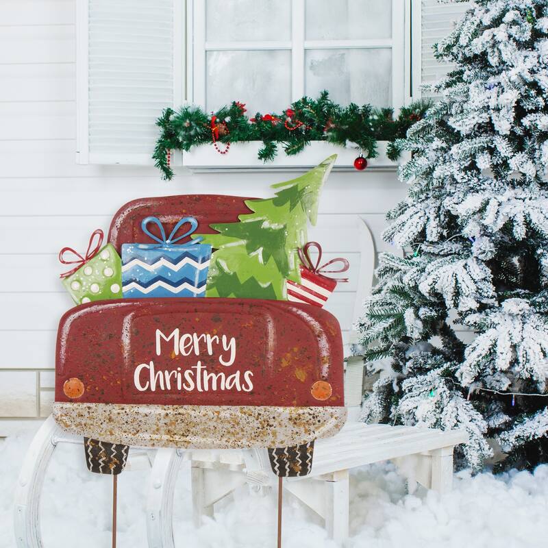 Glitzhome 32"H Rusty Metal Christmas Truck Yard Stake or Standing Decor or Wall Decor