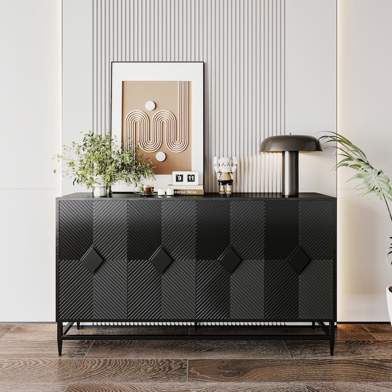 60" Modern Black Lacquered 4-Door Wooden Sideboard Buffet Server Accent Storage Cabinet