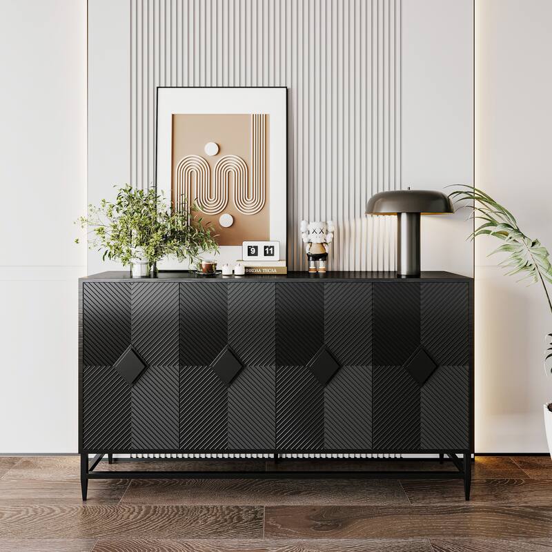 Modern 64" Lacquered 4 Door Wooden Sideboard Buffet for Kitchen and Dining Room - Black
