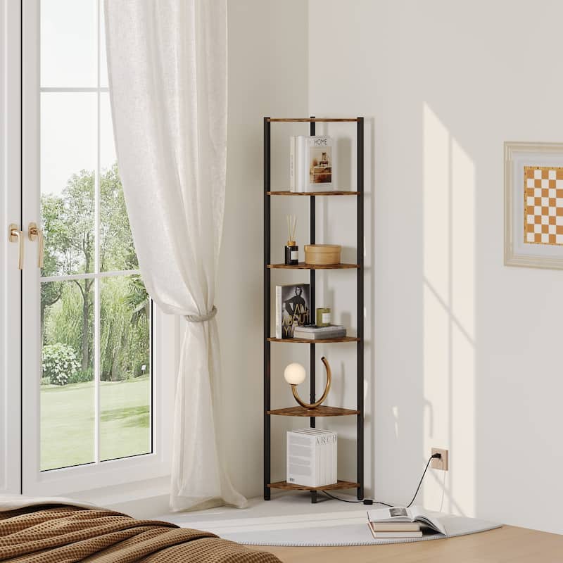 6-Tier Modern Corner Shelf with LED Lighting - Black/Brown