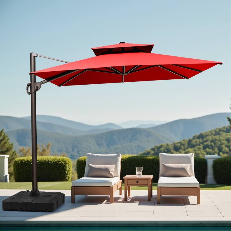 10.5 ft. x 9 ft. 360-Degree Rotation Cantilever Patio Umbrella with Base Stand - Red