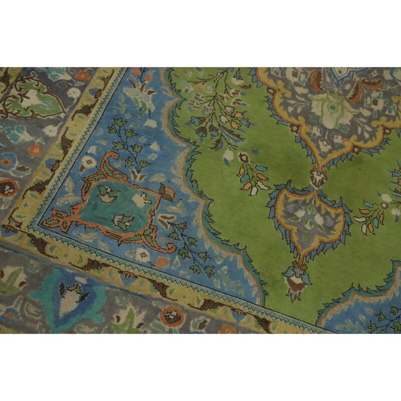 Hand Knotted Oriental 100% Wool Carpet Traditional Floral Green Tabriz Area Rug - 9' 5'' X 6' 5''