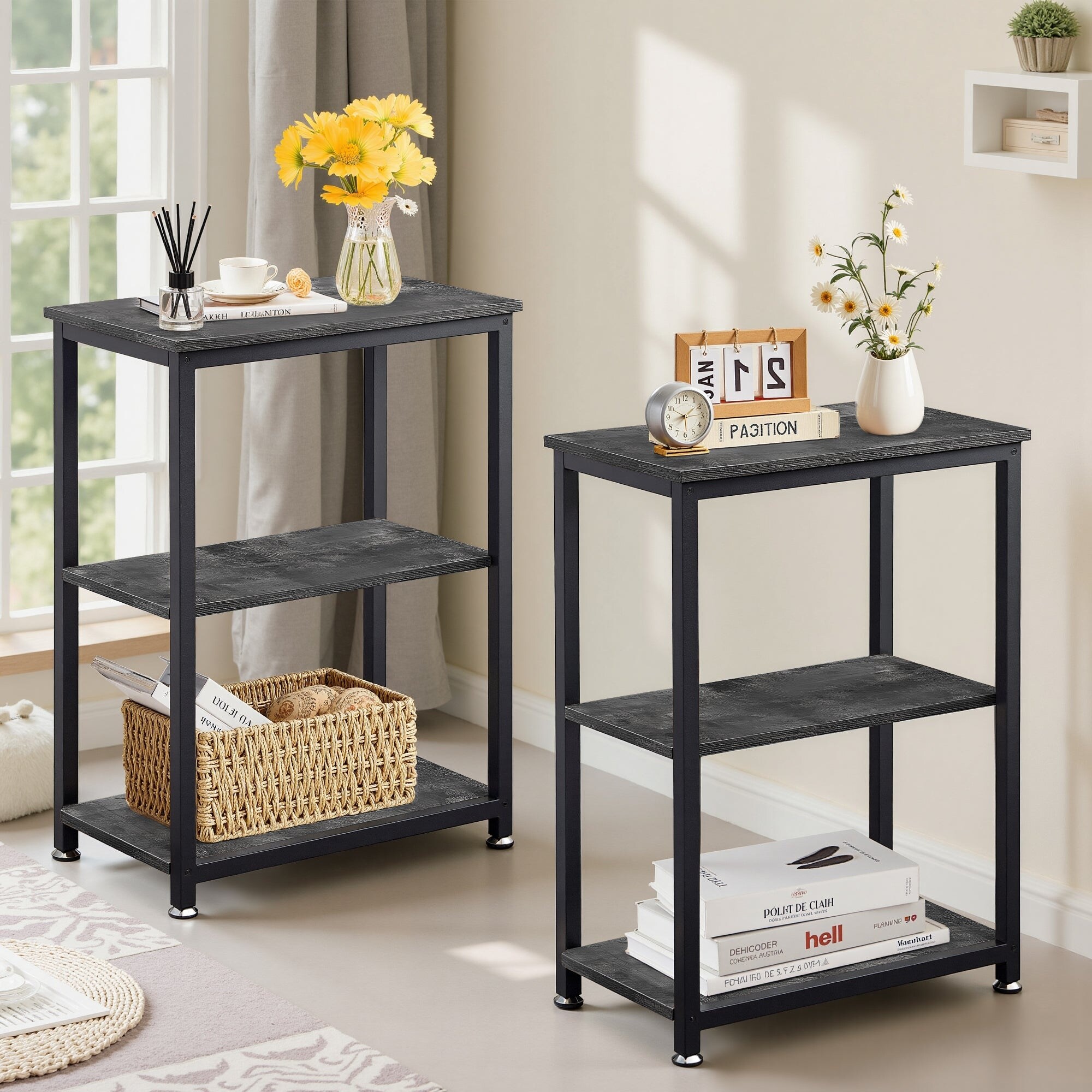 Javlergo Set of 2 End Side Table with 3-Tier Storage Shelf - On
