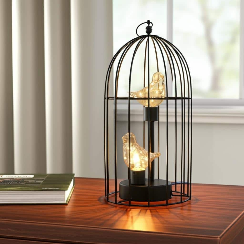 HomeRoots 12" Black Battery Operated Round Lamp With Bird Cage Shade - 7.00 in. x 12.00 in. x 7.00 in.
