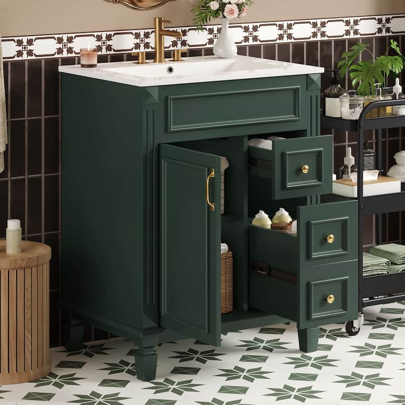 Bathroom Vanity with Ceramic Sink, Small Bathroom Storage Cabinet, Bathroom Vanities with 2 Drawers & Adjustable Shelf