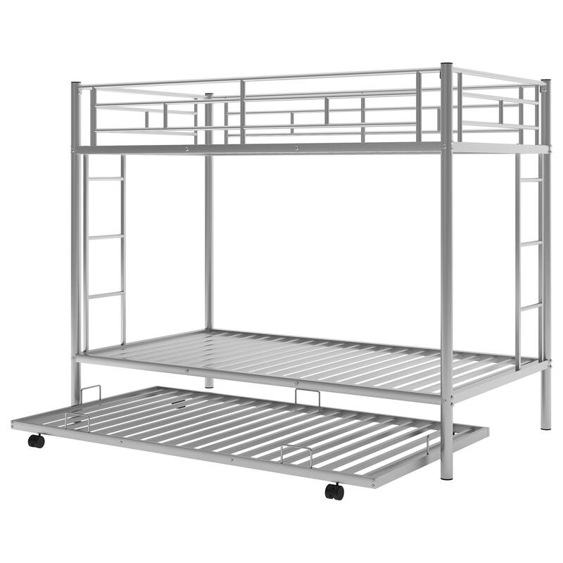 Twin Over Twin Bunk Bed w/Trundle, Metal Bedframe for 3, Space Saving