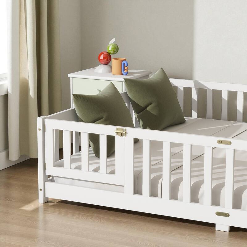 Queen Size Rubber Wood Floor Bed with Fence and Door, Montessori Platform Bed with Safety Guardrails for Kids