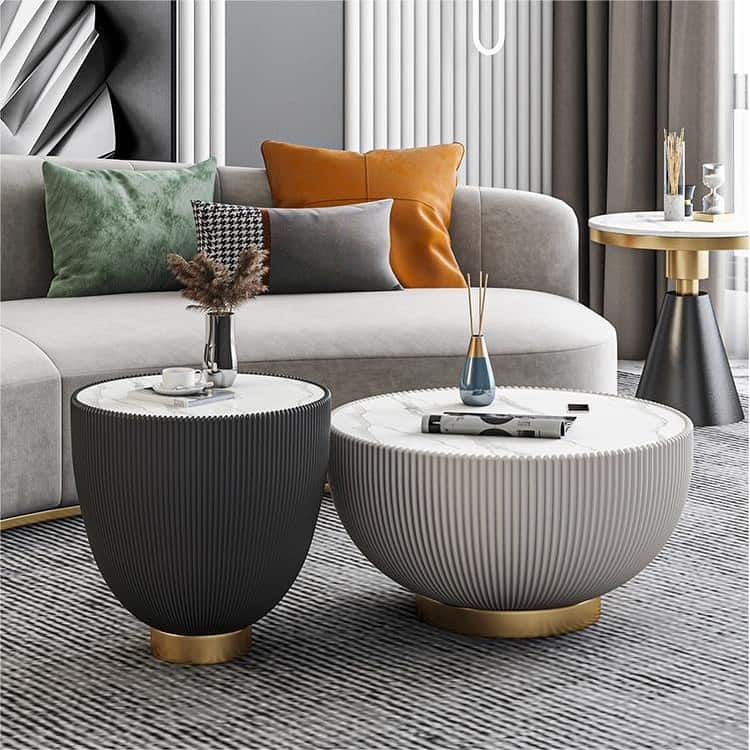Modern Drum Coffee Table, Sintered Stone Coffee Table with PU Leather and Aluminum Alloy Base