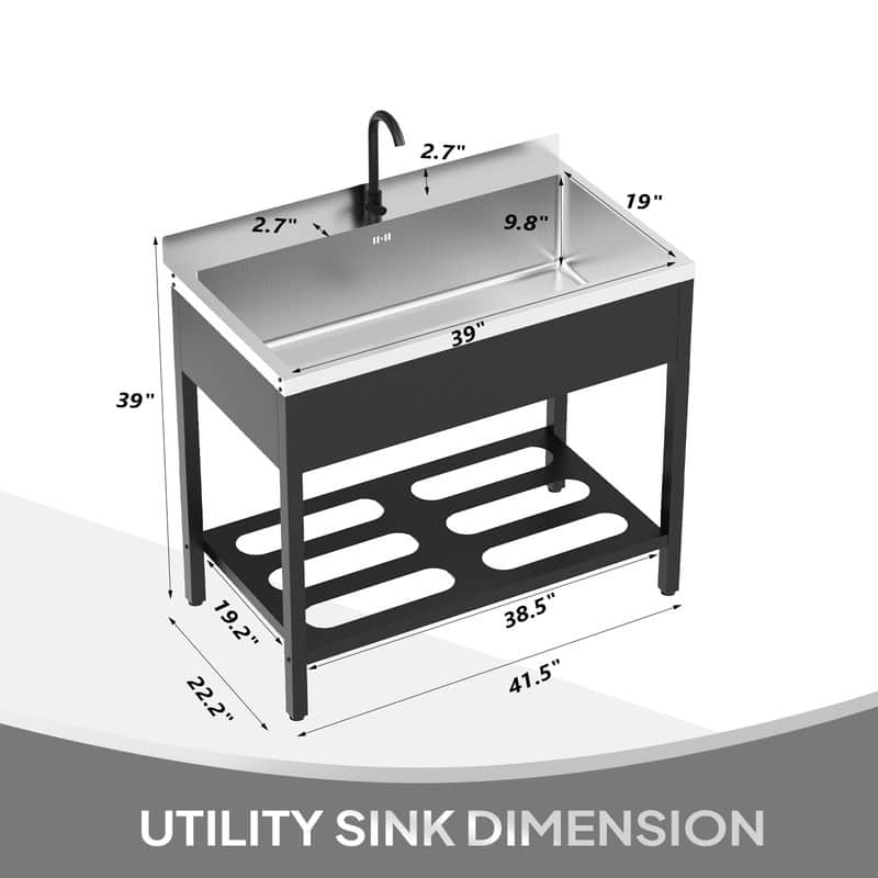 41.7 In. Freestanding Stainless Steel Utility Sink With Towel Rack And Storage Shelf
