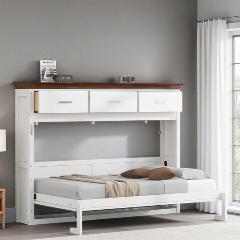 Twin Murphy Bed with 3 Storage Drawers, Foldable Wall Bed with Shelves, Space-Saving Wooden Platform Frame