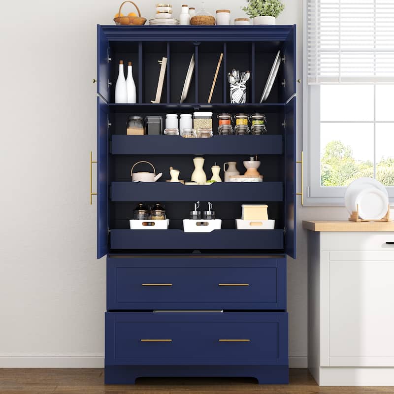Roomfitters 73 Inch Large Kitchen Pantry with 4 Doors, Pull-Out Trays and Cake Pan Organizer - Blue