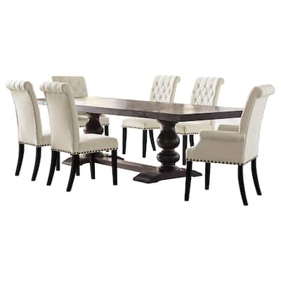 Phelly 7pc Dining Set, 95-123 Inch Extendable Table, Beige Black