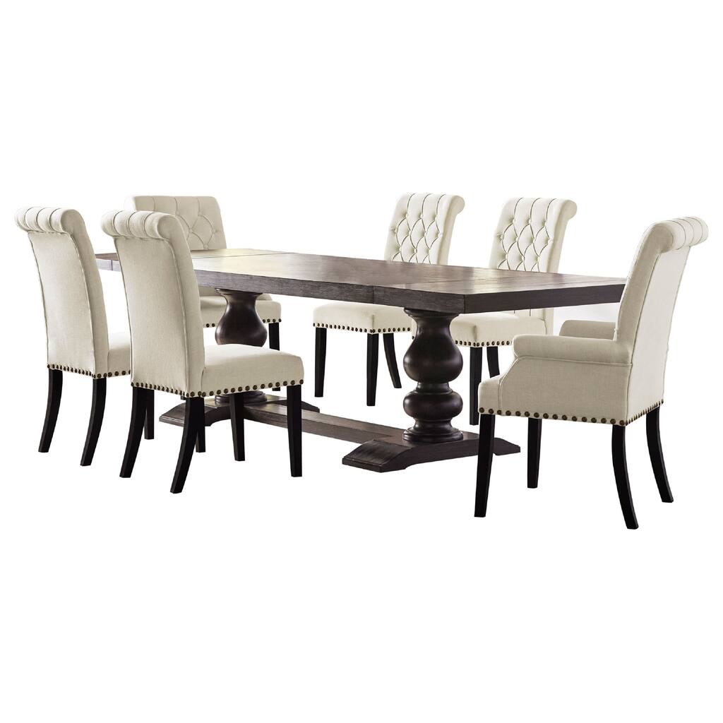 Phelly 7pc Dining Set, 95-123 Inch Extendable Table, Beige Black