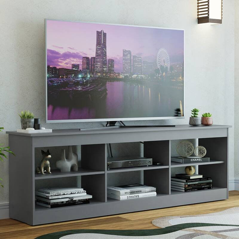 Madesa TV Stand Entertainment Center TV Bench with 6 Open Shelves Easy Cable Management for 65, 75 Inch - 71 inches - Grey