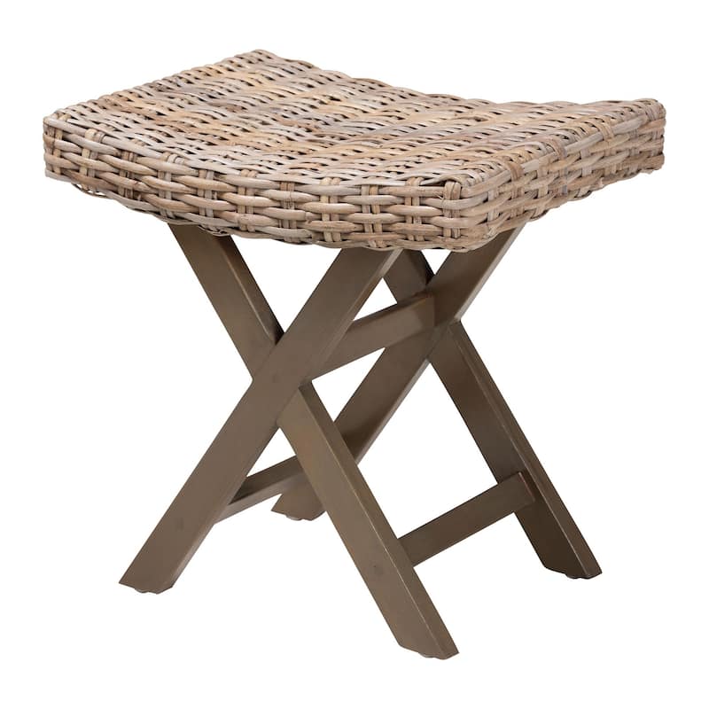 Hayate Bohemian Grey Kubu Rattan and Mahogany Wood Ottoman Footstool - Small - Grey