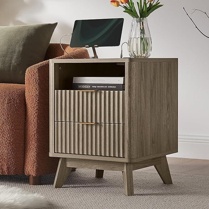 Modern Fluted Nightstand with Faux Marble Top, Side Table, End Table