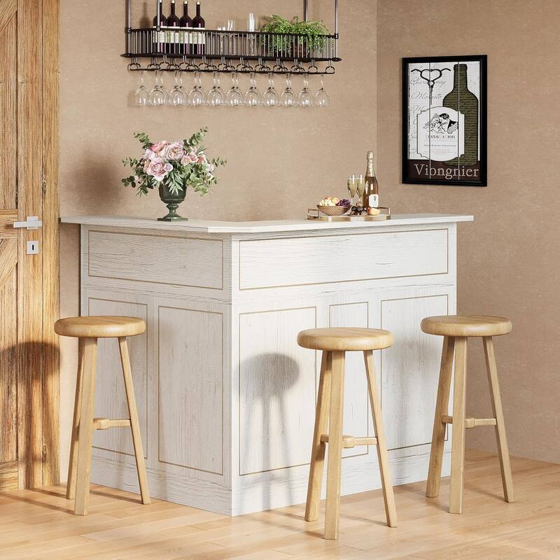 L Shaped Home Bar Cabinet Table with Stemware Racks, 4-Tier Corner Bar Unit Liquor Wine Bar Table