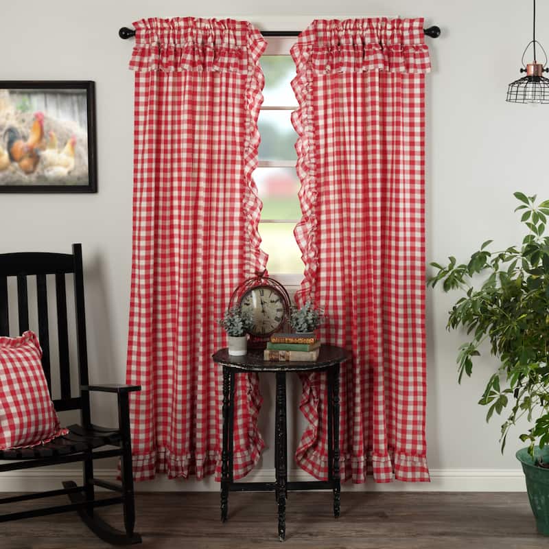 Annie Buffalo Check Ruffled Panel Set - Panel 84x40 - Panel 84x40 - Country Red/Antique Creme